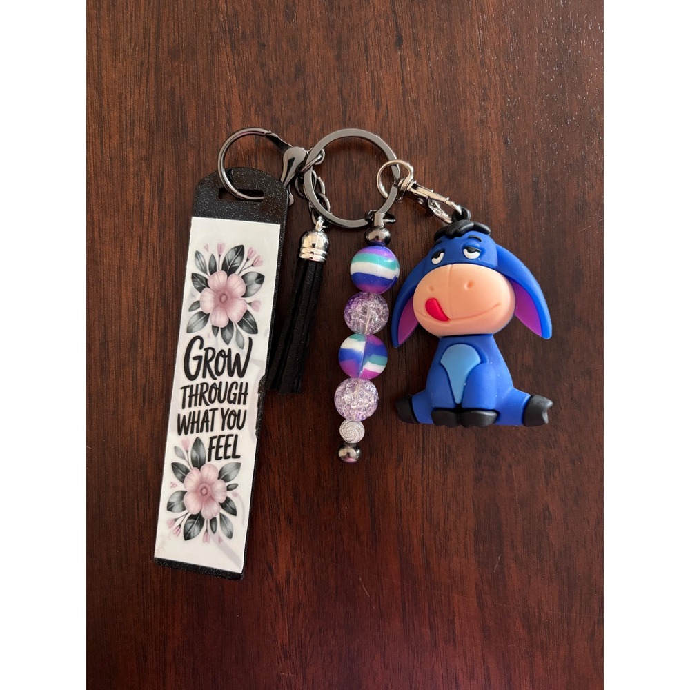 Handmade Keychain Grow Through What You Feel Floral Charm Tassel Blue